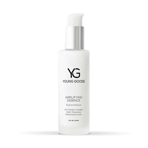 A white pump bottle of Young Goose Amplifying Essence with a silver pump collar and black text, centered on a white background.