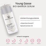Young Goose Bio-BARRIER Serum bottle on a light gray background with product text, ingredient callouts, and benefit icons below.