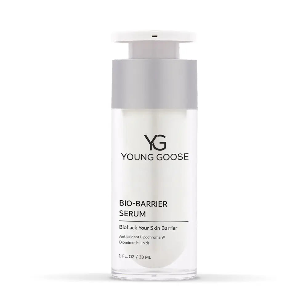 A full size bottle of Young Goose Bio-Barrier Serum, a barrier repair serum that helps the moisture barrier, shown on a white background.