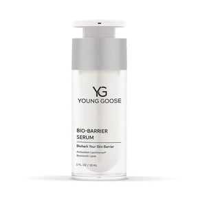 A full size bottle of Young Goose Bio-Barrier Serum, a barrier repair serum that helps the moisture barrier, shown on a white background.