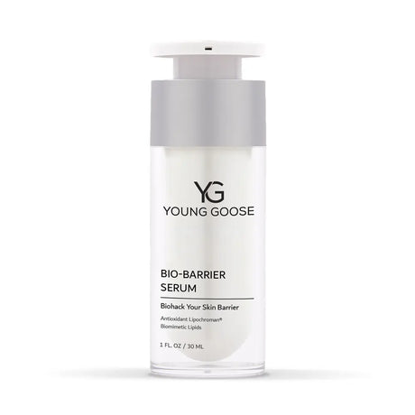 A full size bottle of Young Goose Bio-Barrier Serum, a barrier repair serum that helps the moisture barrier, shown on a white background.