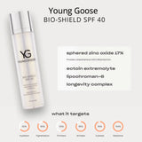 Young Goose Bio-Shield SPF 40 sunscreen bottle shown on a light gray background with product text, ingredient highlights, and target benefits below.