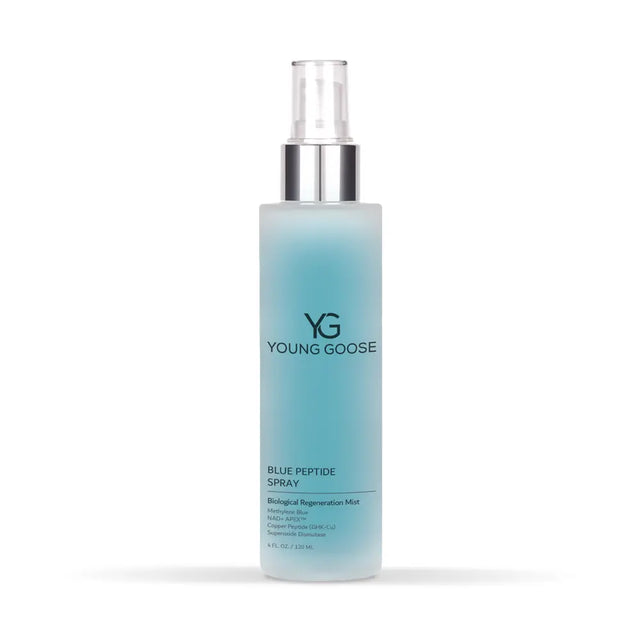 A bottle of Young Goose Blue Peptide Spray with a frosted light blue body, a silver pump collar, and a clear spray top, shown on a white background.