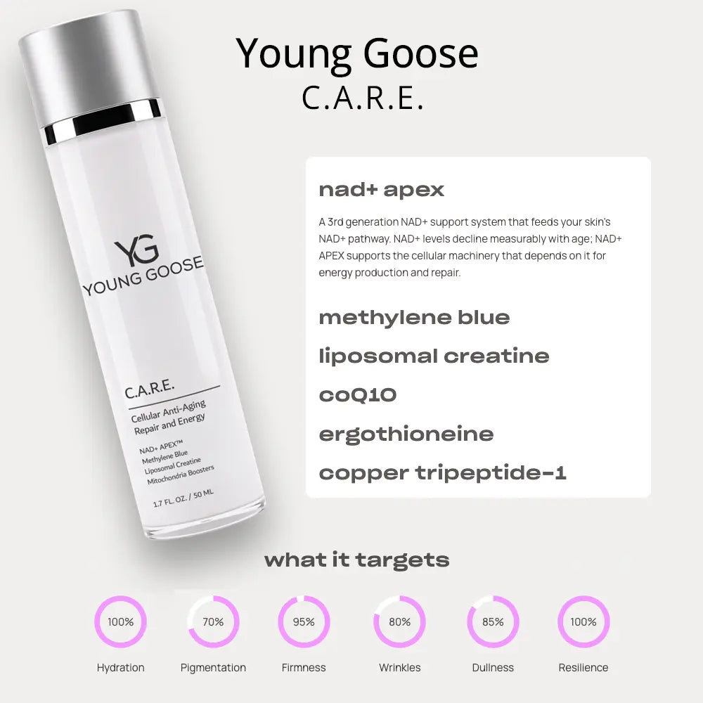 Young Goose C.A.R.E. with its featured ingredients and what it targets on skin