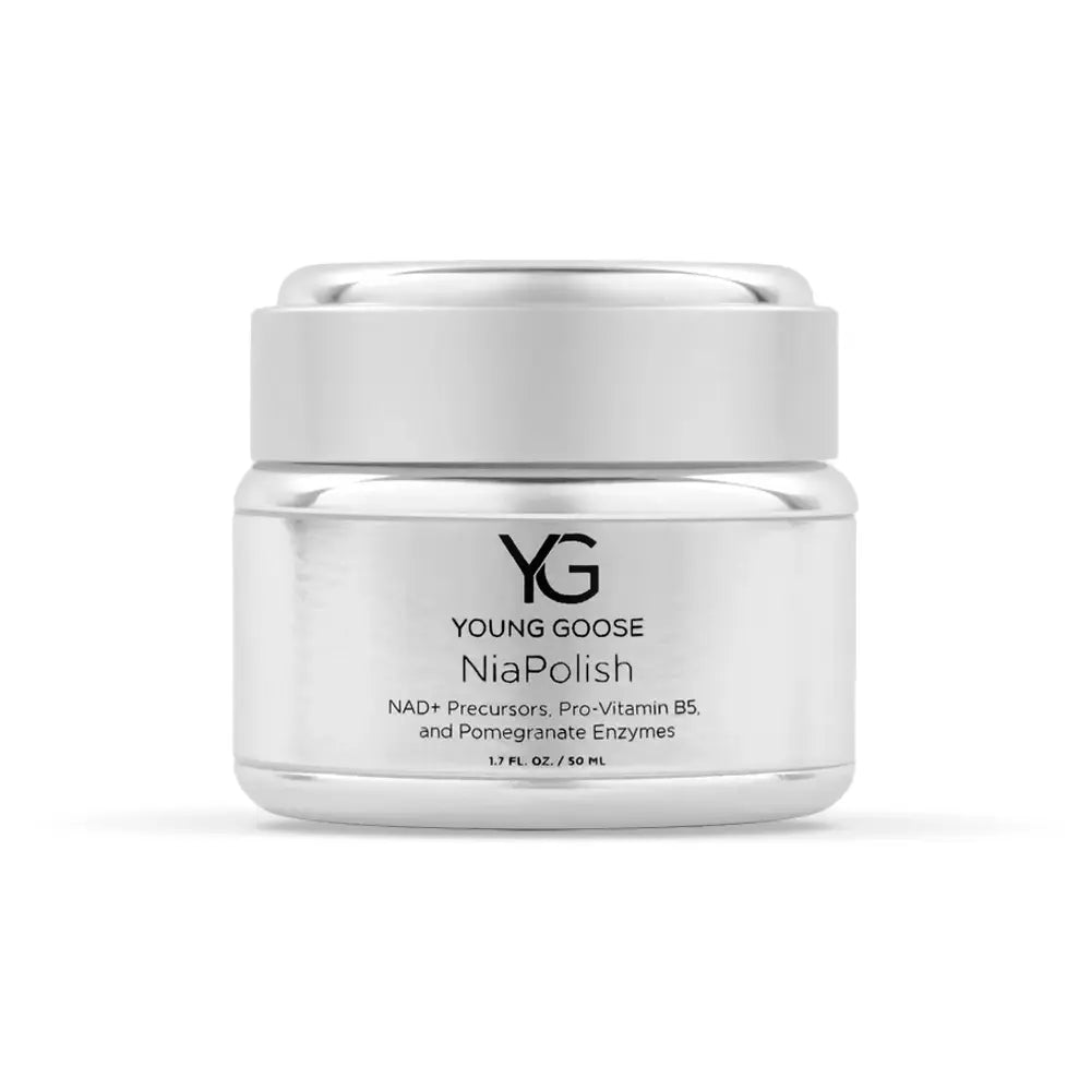 A silver cosmetic jar of Young Goose NiaPolish scrub with a matching silver lid, set against a clean white background.