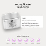 Young Goose NiaPolish skincare cream jar on a light gray background with text describing its ingredients and targets, plus circular icons showing benefits like hydration, pigmentation, firmness, wrinkles, dullness, and resilience.