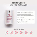 Young Goose Vampire Exosomes serum bottle on a light gray background with product text, ingredients, and target benefits displayed.