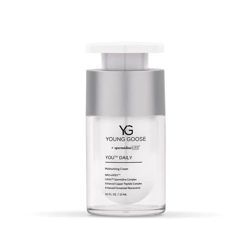 Young Goose Youth Daily Moisturizing Cream travel size in a clear bottle with a white cap and silver-gray neck, shown on a clean white background.