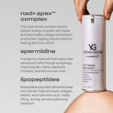 A hand holds a white cylindrical bottle of Young Goose Youth Firming Body Cream against a light gray background with descriptive text about its ingredients.