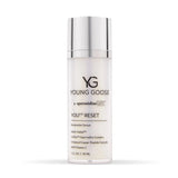 A full size bottle of Young Goose You Reset Restorative Serum on a clean white background. The bottle is frosted white with a shiny silver cap, featuring black text with the brand logo 'YG' and product name 'YOUNG GOOSE + spermidine-LIFE YOU RESET'.
