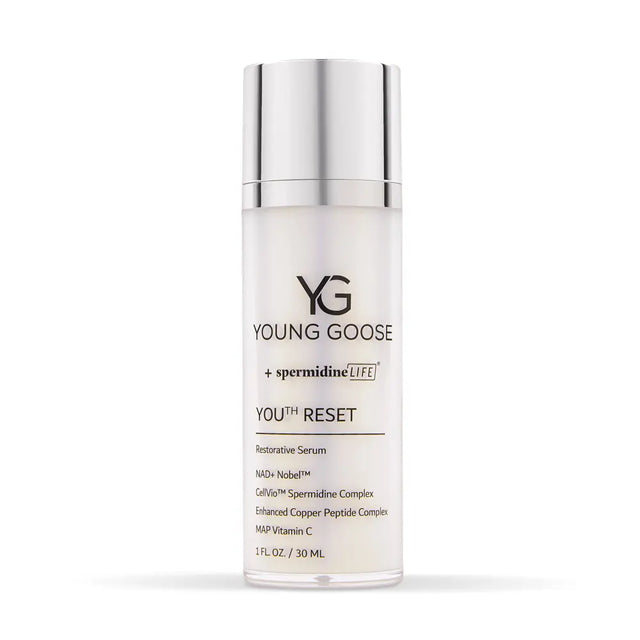 A full size bottle of Young Goose You Reset Restorative Serum on a clean white background. The bottle is frosted white with a shiny silver cap, featuring black text with the brand logo 'YG' and product name 'YOUNG GOOSE + spermidine-LIFE YOU RESET'.