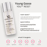Young Goose Youth Reset skincare bottle on a light gray background with product text, ingredient callouts, and circular benefit icons at the bottom.